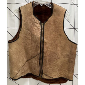 Vintage Handcrafted Mens Shearling Sheepskin Vest Brown Suede Lined Outerwear